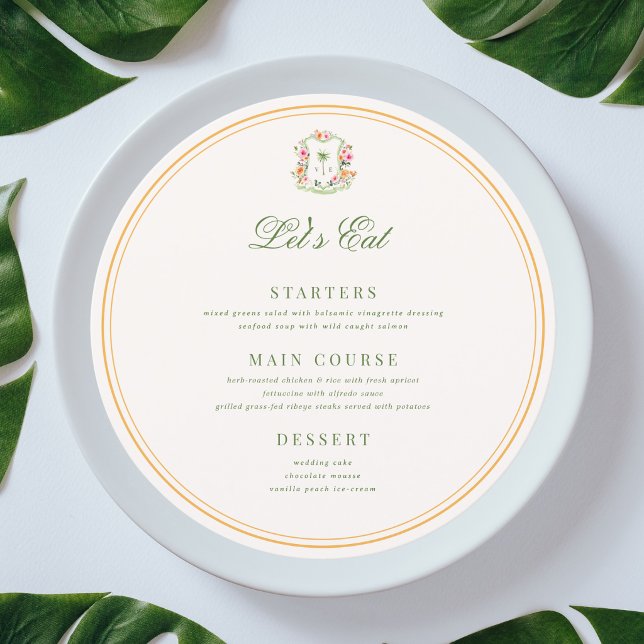 Crest Palm Tree Monogram Custom Guest Name Wedding Menu (Creator Uploaded)