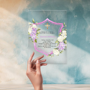 Crest pink purple flowers girl clear Baptism Acrylic Invitations