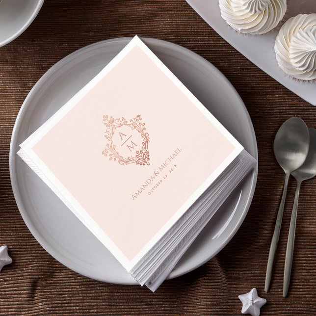 Crest Pink Rose Gold Monogram Elegant Wedding  Napkin (Creator Uploaded)