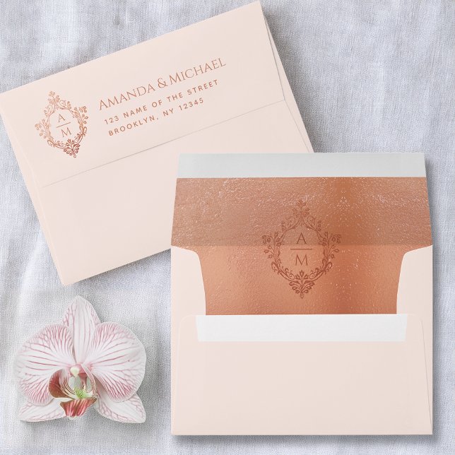 Crest Pink Rose Gold Wedding Monogram 2 Initials Envelope (Creator Uploaded)