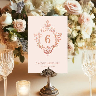 Crest Rose Gold Blush Pink Elegant Vintage Wedding Table Number