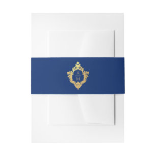 Crest Royal Blue Faux Gold Ornate Wedding Monogram Invitation Belly Band
