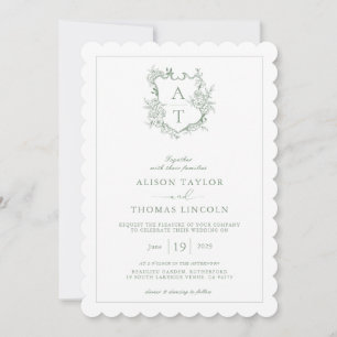 Crest Sage Green Monogram QR Code Wedding Invitation