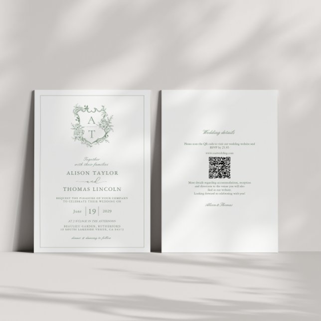 Crest Sage Green Monogram QR Code Wedding Invitation (Creator Uploaded)