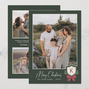 Crest Striped Bow 4 Monogram Photo Christmas Card