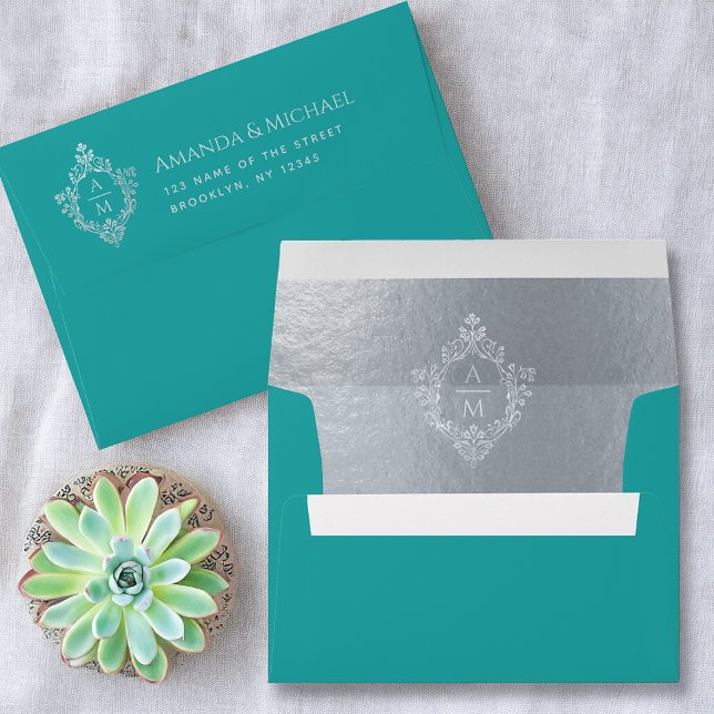 Crest Teal Faux Silver Wedding Monogram 2 Initials Envelope (Creator Uploaded)
