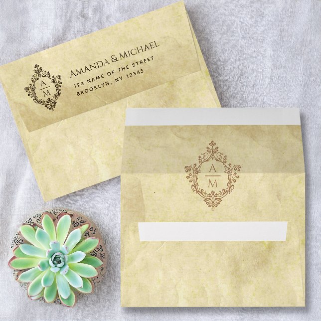 Crest Vintage Parchment Wedding Monogram Address Envelope (Creator Uploaded)