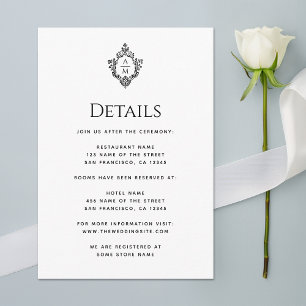 Crest Wedding Details Black White Vintage Monogram Enclosure Card