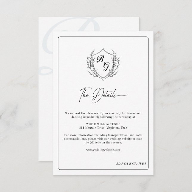 Crest Wedding Monogram black & white details Enclosure Card (Front/Back)