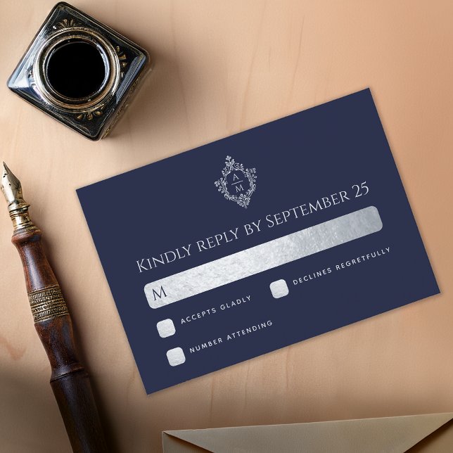 Crest Wedding Monogram Navy Blue Faux Silver Foil RSVP Card (Creator Uploaded)