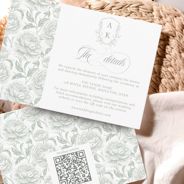 Crest Wedding Monogram Sage Green Script details Enclosure Card (Creator Uploaded)