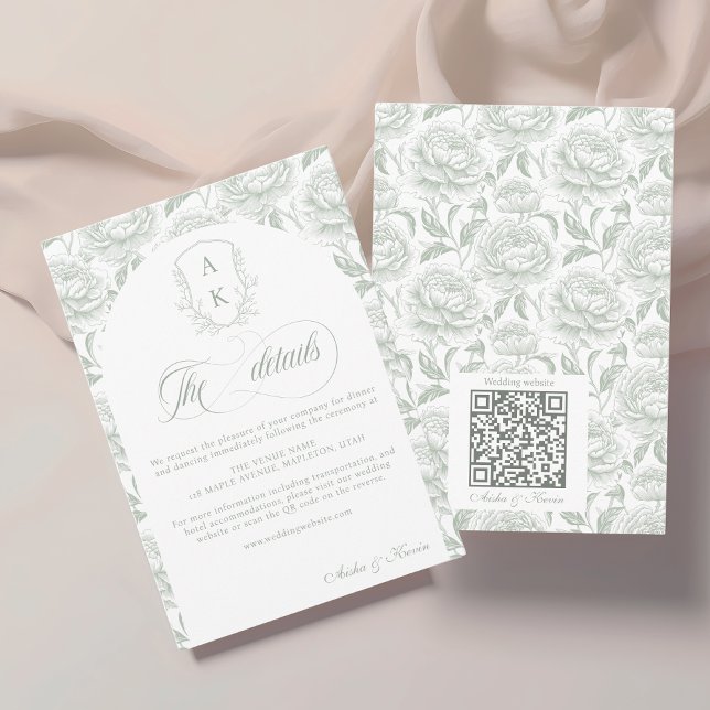 Crest Wedding Monogram Sage Green Script details Enclosure Card (Creator Uploaded)