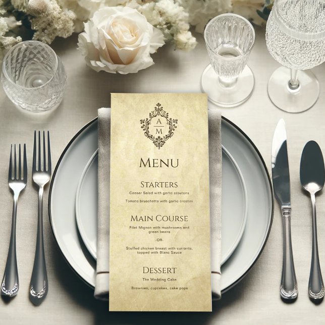 Crest Wedding Monogram Vintage Parchment Victorian Menu (Creator Uploaded)