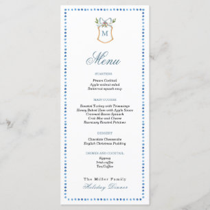 Crest with monogram Blue & White Holiday Menu