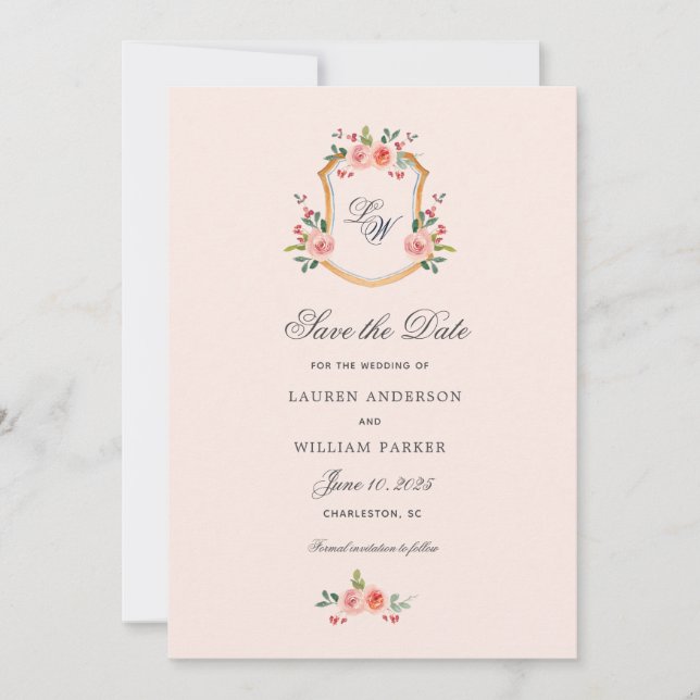 Crest with monogram floral  Save the Date   Invitation (Front)