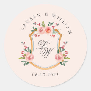 Crest with monogram pink wedding classic round sticker