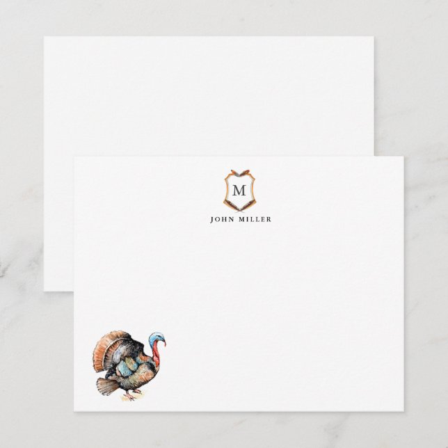 Crest with Monogrammed Turkey Bird  Thank You Card (Front/Back)