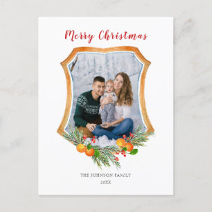 Crest with winter greenery & Citrus Family Photo  Holiday Postcard