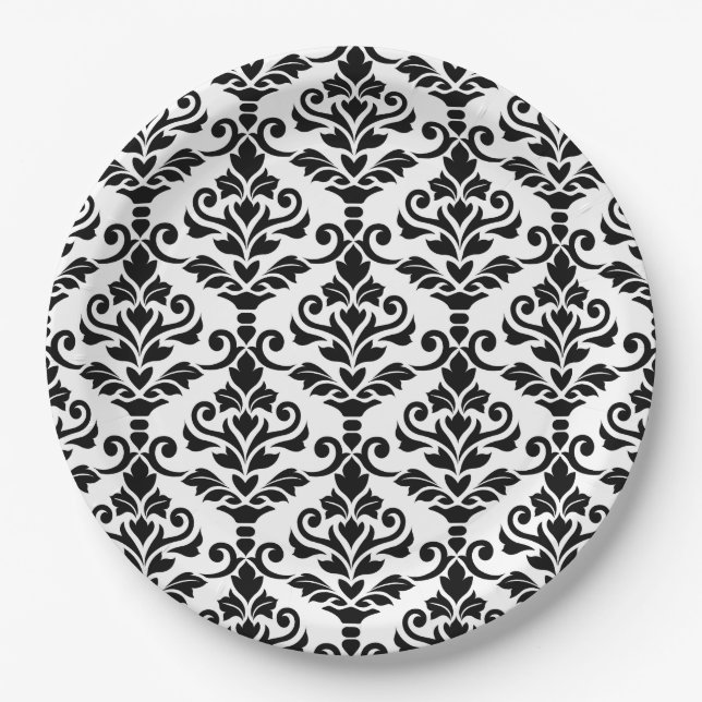 Cresta Damask Pattern Black on White Paper Plate (Front)