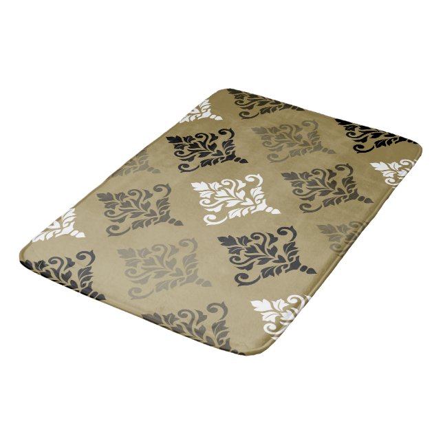 Cresta Damask Ptn Black White Bronzes Gold Bath Mat (Angled)