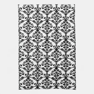 Cresta Damask Vertical Pattern Black on White Tea Towel