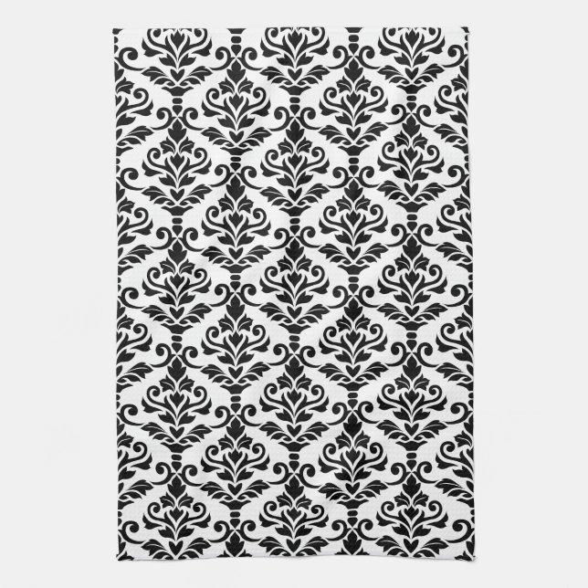 Cresta Damask Vertical Pattern Black on White Tea Towel (Vertical)