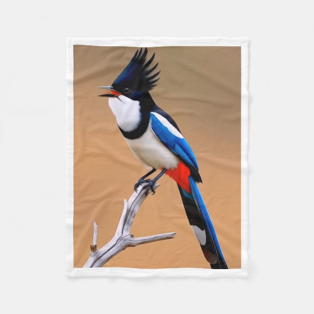 Crested Blue and Red Bird on Branch Fleece Blanket (Front)