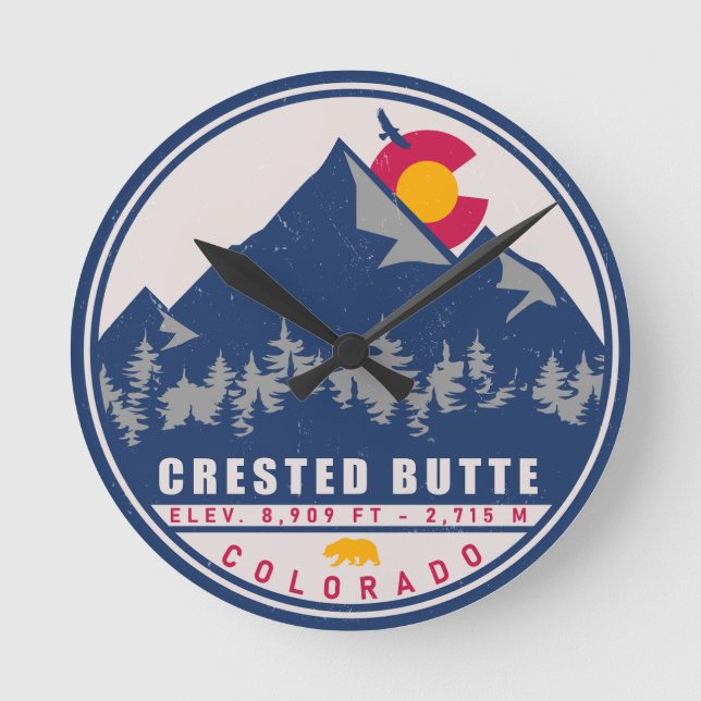 Crested Butte Colorado Retro Sunset Souvenirs Round Clock (Front)