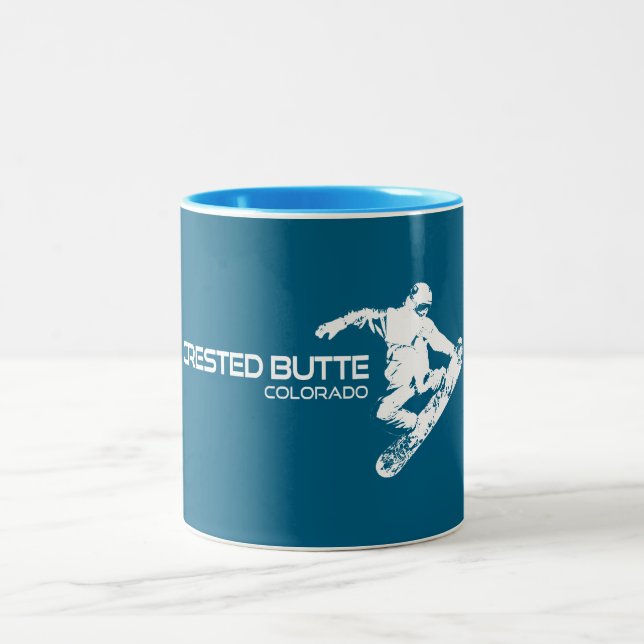Crested Butte Colorado Snowboarder Two-Tone Coffee Mug (Center)