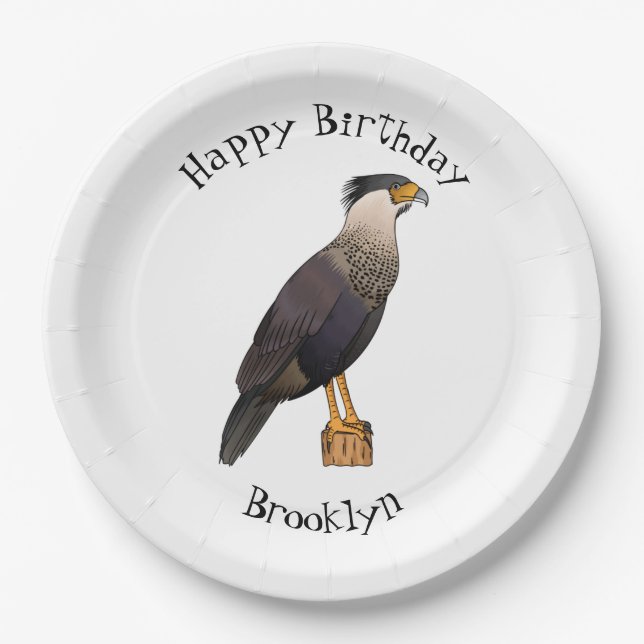 Crested caracara bird cartoon illustration  paper plate (Front)