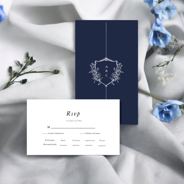 Crested Chic | Navy and White Wedding RSVP  Enclosure Card (crested navy blue and white rsvp card , elegant design )