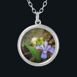 Crested Dwarf Iris blue purple white flower Silver Plated Necklace<br><div class="desc">Crested Dwarf Iris at Lake Arrowhead  trail Photo By Sandy Closs While hiking in May. Beautiful,  colourful Blue purple  Wild Iris growing on the woods near this Clear blue north Georgia lake. Flowers,  floral,  wildflowers,  wedding ,  sympathy,  birthday,  "mother's day" party lavender white</div>