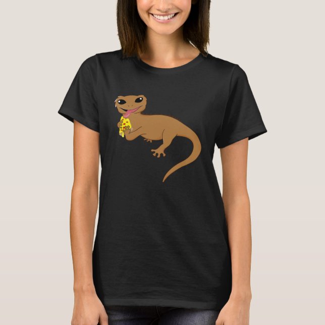 Crested Geckos Cute Reptile Eating Pizza Lizard T-Shirt (Front)