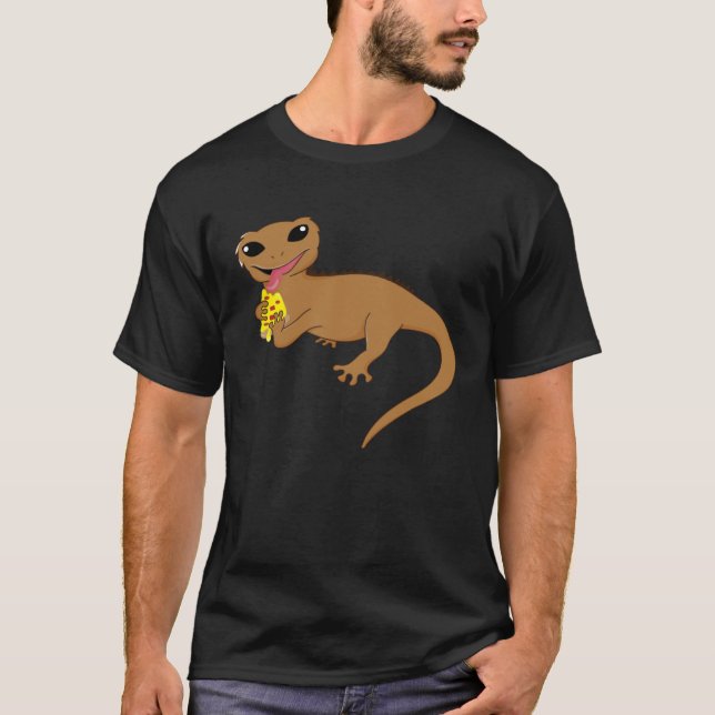 Crested Geckos Cute Reptile Eating Pizza Lizard T-Shirt (Front)