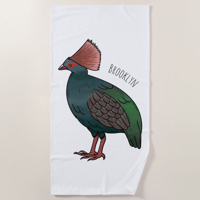 Crested partridge bird cartoon illustration beach towel (Front)