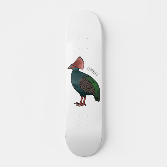 Crested partridge bird cartoon illustration  skateboard (Front)
