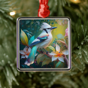Crested Teal Winged Jay Metal Tree Decoration