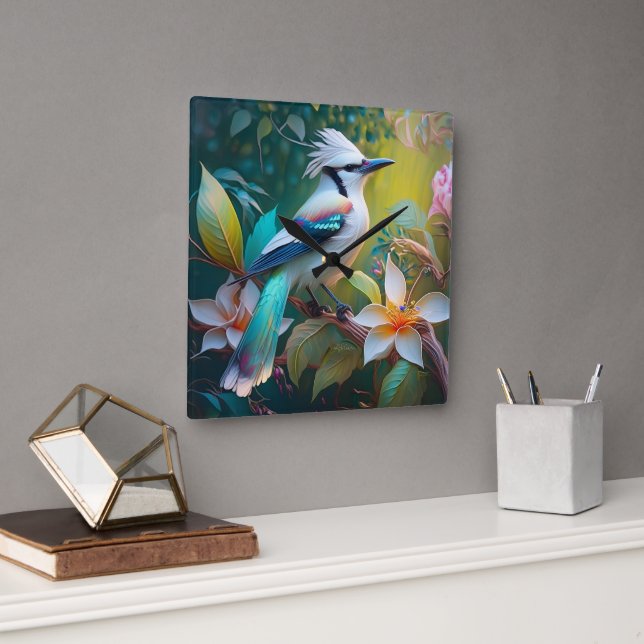 Crested Teal Winged Jay Square Wall Clock (Office)