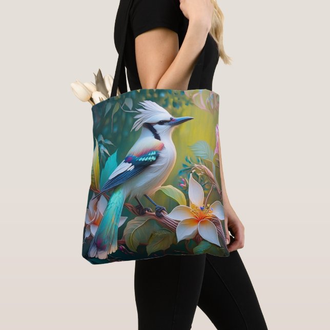 Crested Teal Winged Jay Tote Bag (Close Up)