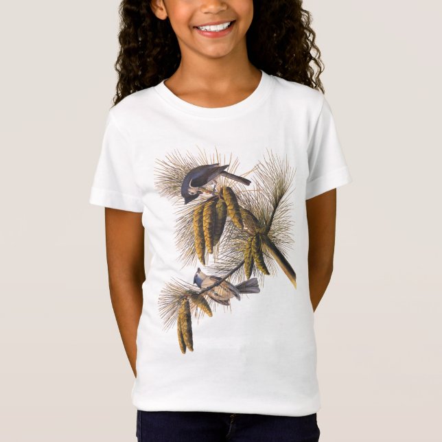 Crested Titmouse Audubon Birds with Pinecones T-Shirt (Front)