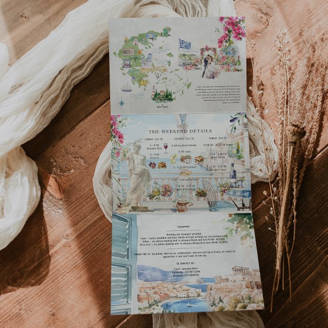 Crete, Greece | Illustrated Wedding Tri-Fold Invitation (Creator Uploaded)