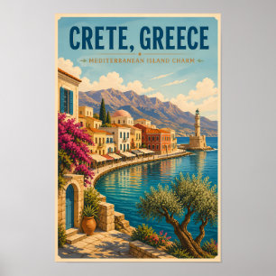 Crete Greece Illustration Travel Art Vintage Poster