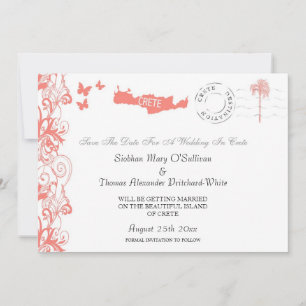 Crete Save The Date In Coral Pink And White Invitation