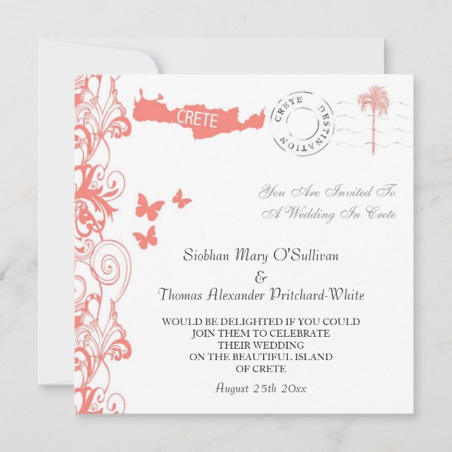 Crete Wedding Invitation In Coral Pink And White (Front)