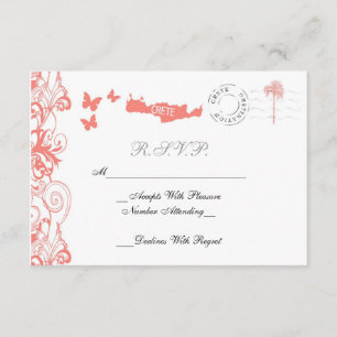 Crete Wedding RSVP Card In Coral Pink And White