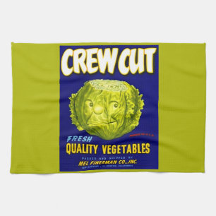 Crew Cut vegetable crate label print Tea Towel