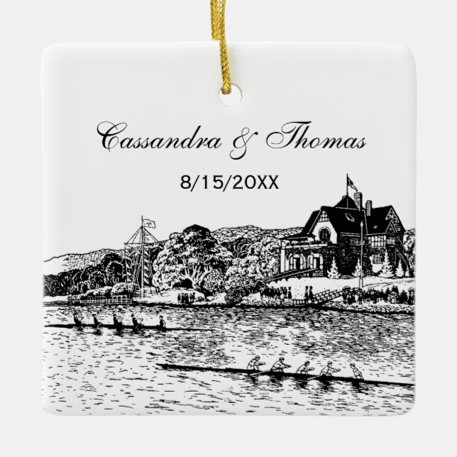 Crew Rowers Race With Boathouse Black Ceramic Ornament (Front)