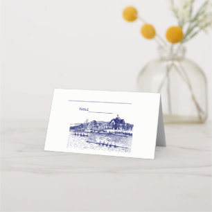Crew Rowers Race With Boathouse Blue Place Card