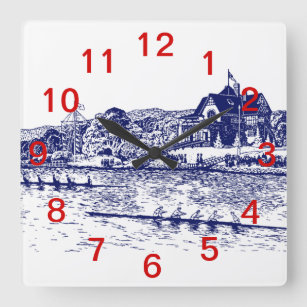 Crew Rowers Race With Boathouse Blue Square Wall Clock