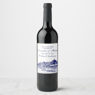Crew Rowers Race With Boathouse Blue Wine Label